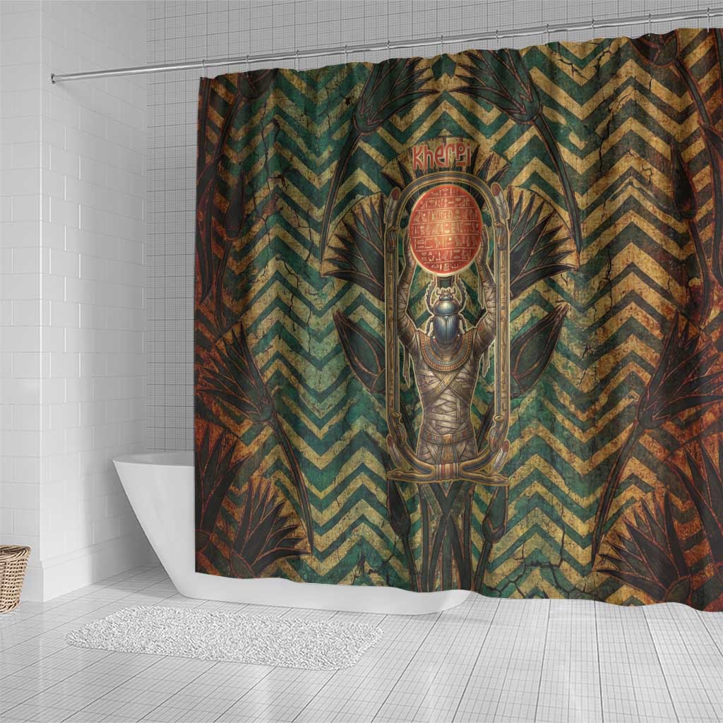 Khepri Shower Curtain Ancient Egyptian Chevron, Scarab Ankh and Winged Khepri Guardian Motif - African Pride