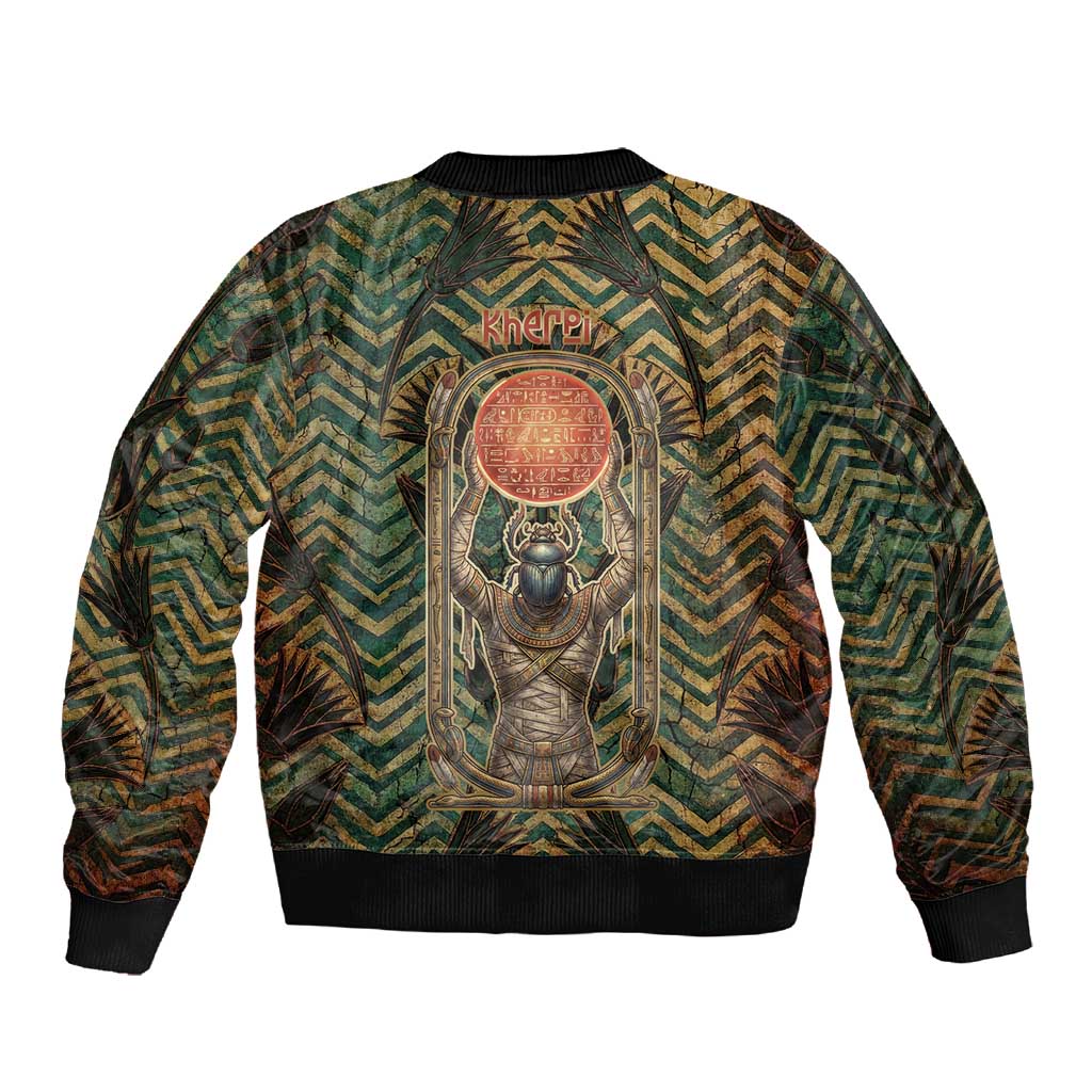Khepri Sleeve Zip Bomber Jacket Ancient Egyptian Chevron, Scarab Ankh and Winged Khepri Guardian Motif - African Pride