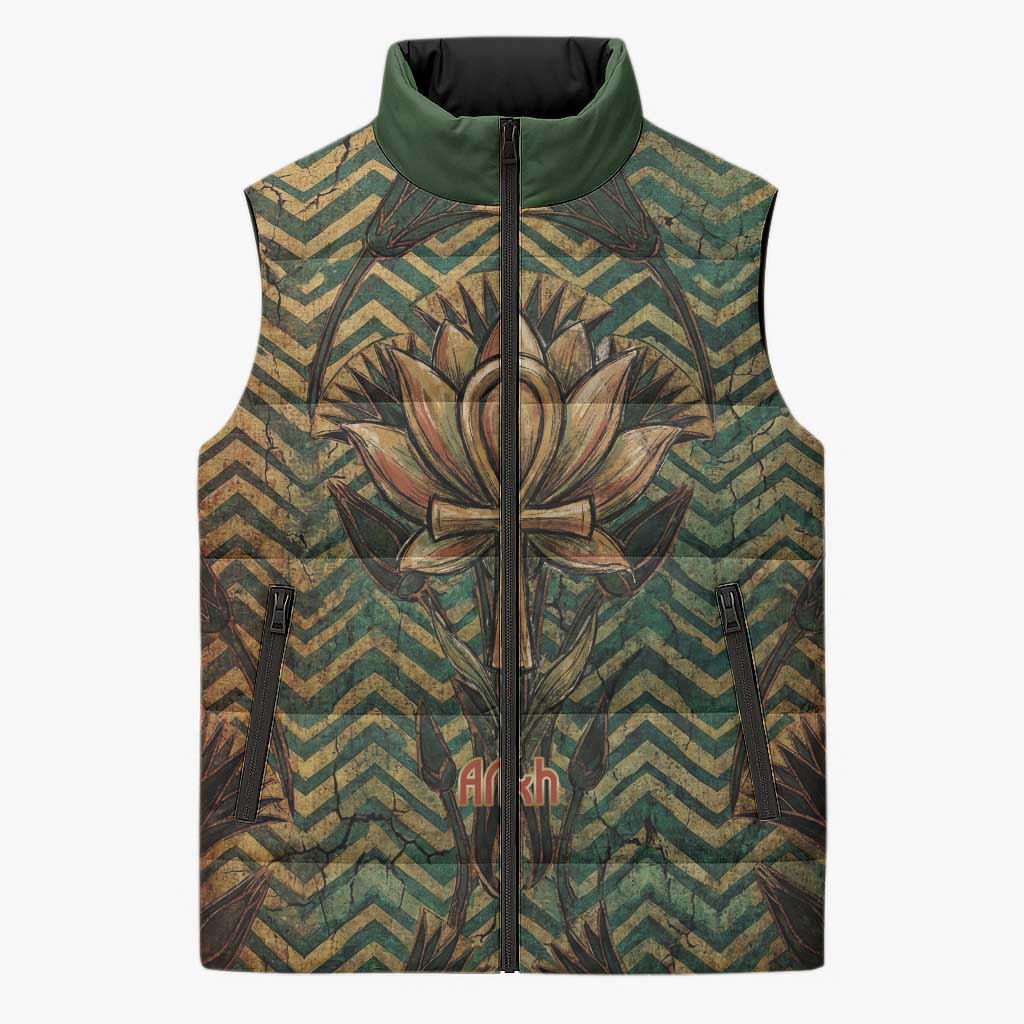 Khepri Sleeveless Puffer Jacket Ancient Egyptian Chevron, Scarab Ankh and Winged Khepri Guardian Motif - African Pride