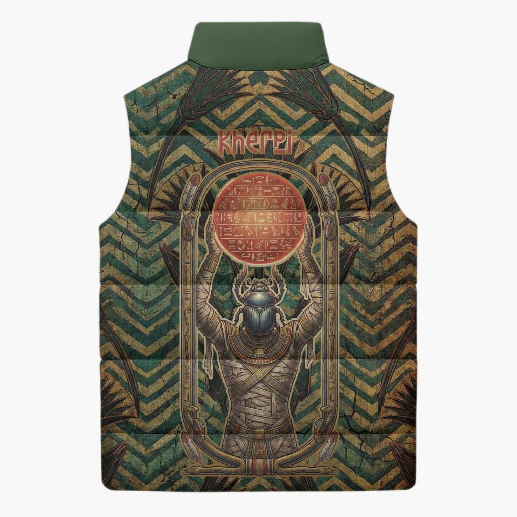 Khepri Sleeveless Puffer Jacket Ancient Egyptian Chevron, Scarab Ankh and Winged Khepri Guardian Motif - African Pride