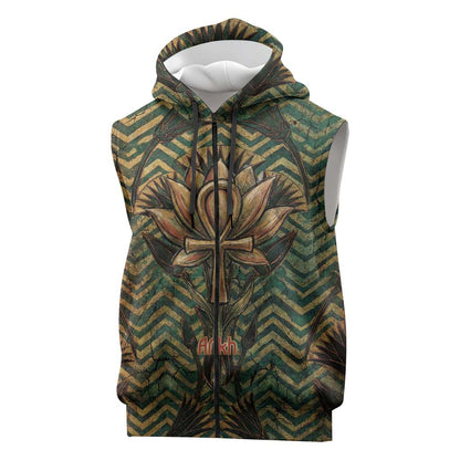 Khepri Sleeveless Zip Hoodie Ancient Egyptian Chevron, Scarab Ankh and Winged Khepri Guardian Motif - African Pride