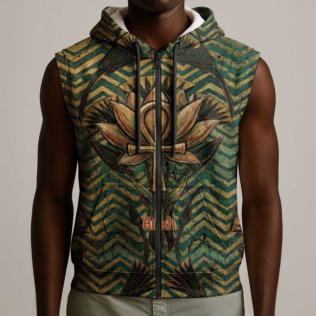 Khepri Sleeveless Zip Hoodie Ancient Egyptian Chevron, Scarab Ankh and Winged Khepri Guardian Motif - African Pride