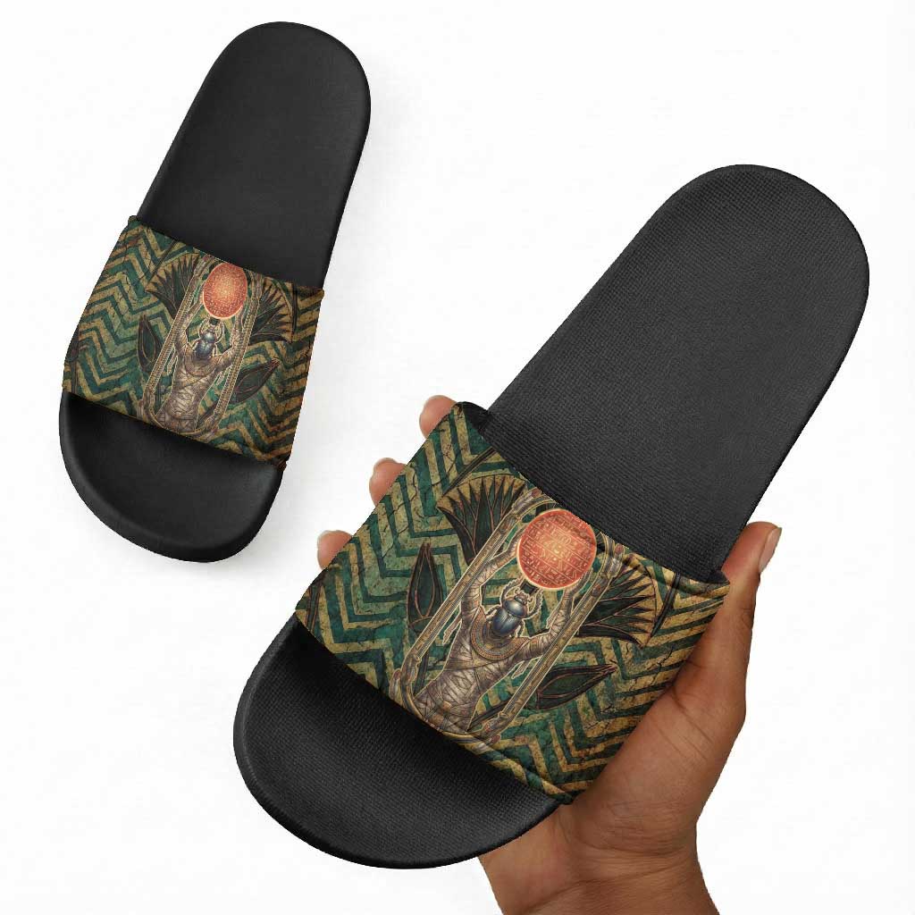 Khepri Slide Sandals Ancient Egyptian Chevron, Scarab Ankh and Winged Khepri Guardian Motif - African Pride