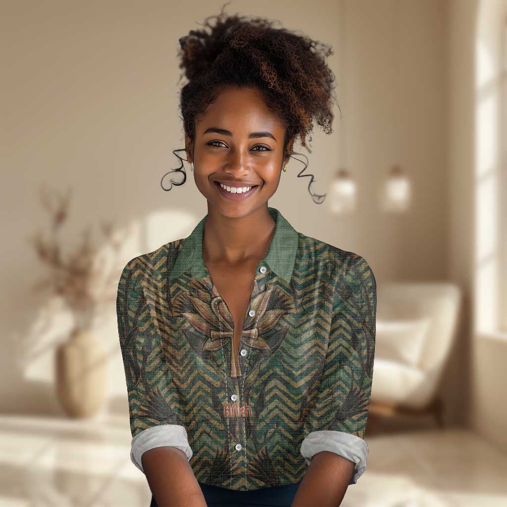 Khepri Women Casual Shirt Ancient Egyptian Chevron, Scarab Ankh and Winged Khepri Guardian Motif - African Pride
