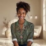 Khepri Women Casual Shirt Ancient Egyptian Chevron, Scarab Ankh and Winged Khepri Guardian Motif - African Pride