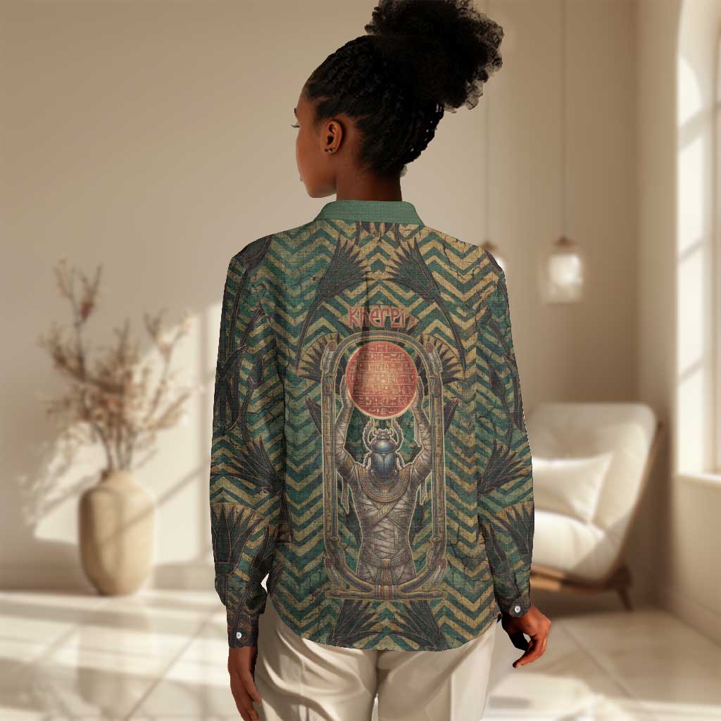 Khepri Women Casual Shirt Ancient Egyptian Chevron, Scarab Ankh and Winged Khepri Guardian Motif - African Pride