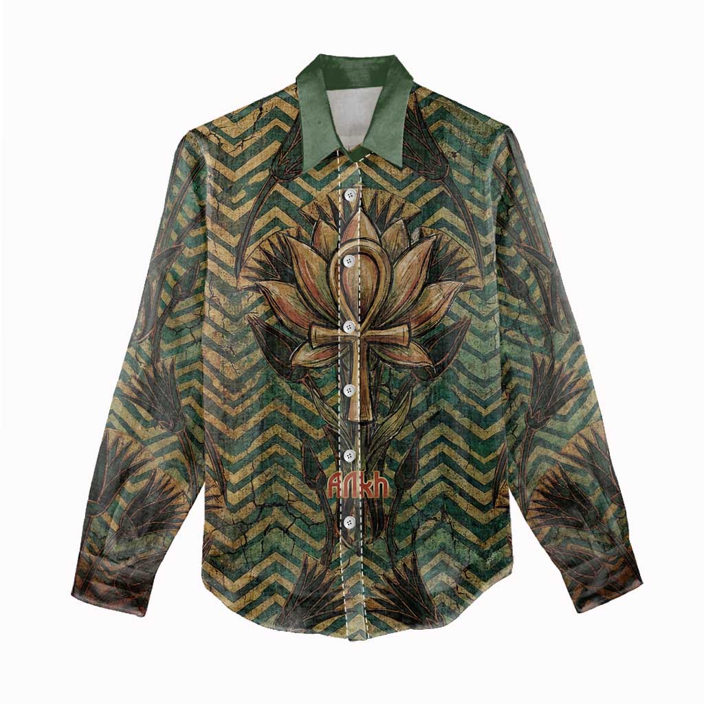Khepri Women Casual Shirt Ancient Egyptian Chevron, Scarab Ankh and Winged Khepri Guardian Motif - African Pride