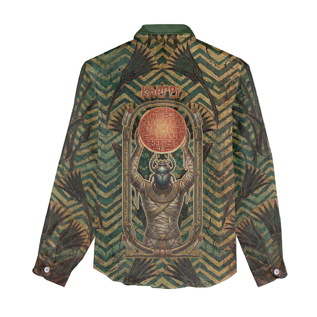 Khepri Women Casual Shirt Ancient Egyptian Chevron, Scarab Ankh and Winged Khepri Guardian Motif - African Pride