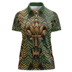 Khepri Women Polo Shirt Ancient Egyptian Chevron, Scarab Ankh and Winged Khepri Guardian Motif - African Pride