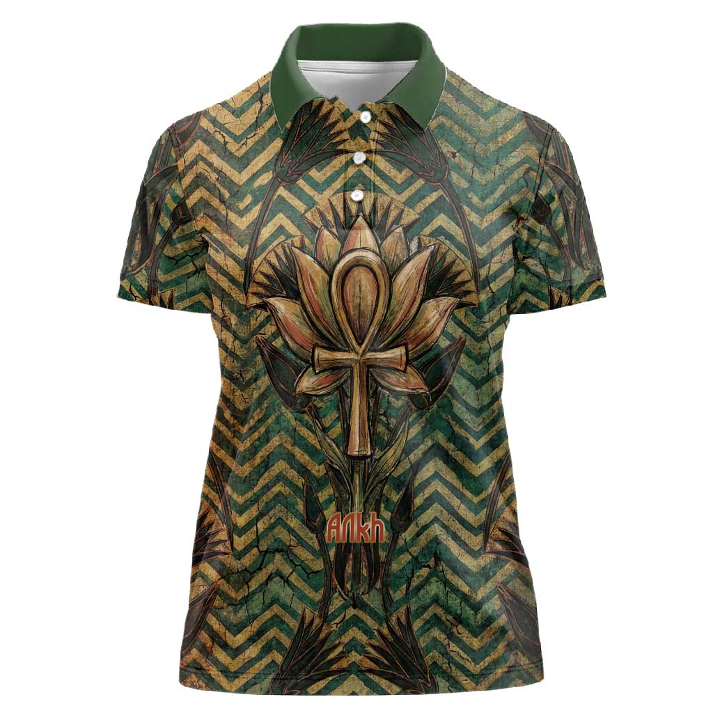 Khepri Women Polo Shirt Ancient Egyptian Chevron, Scarab Ankh and Winged Khepri Guardian Motif - African Pride