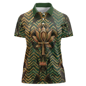 Khepri Women Polo Shirt Ancient Egyptian Chevron, Scarab Ankh and Winged Khepri Guardian Motif - African Pride