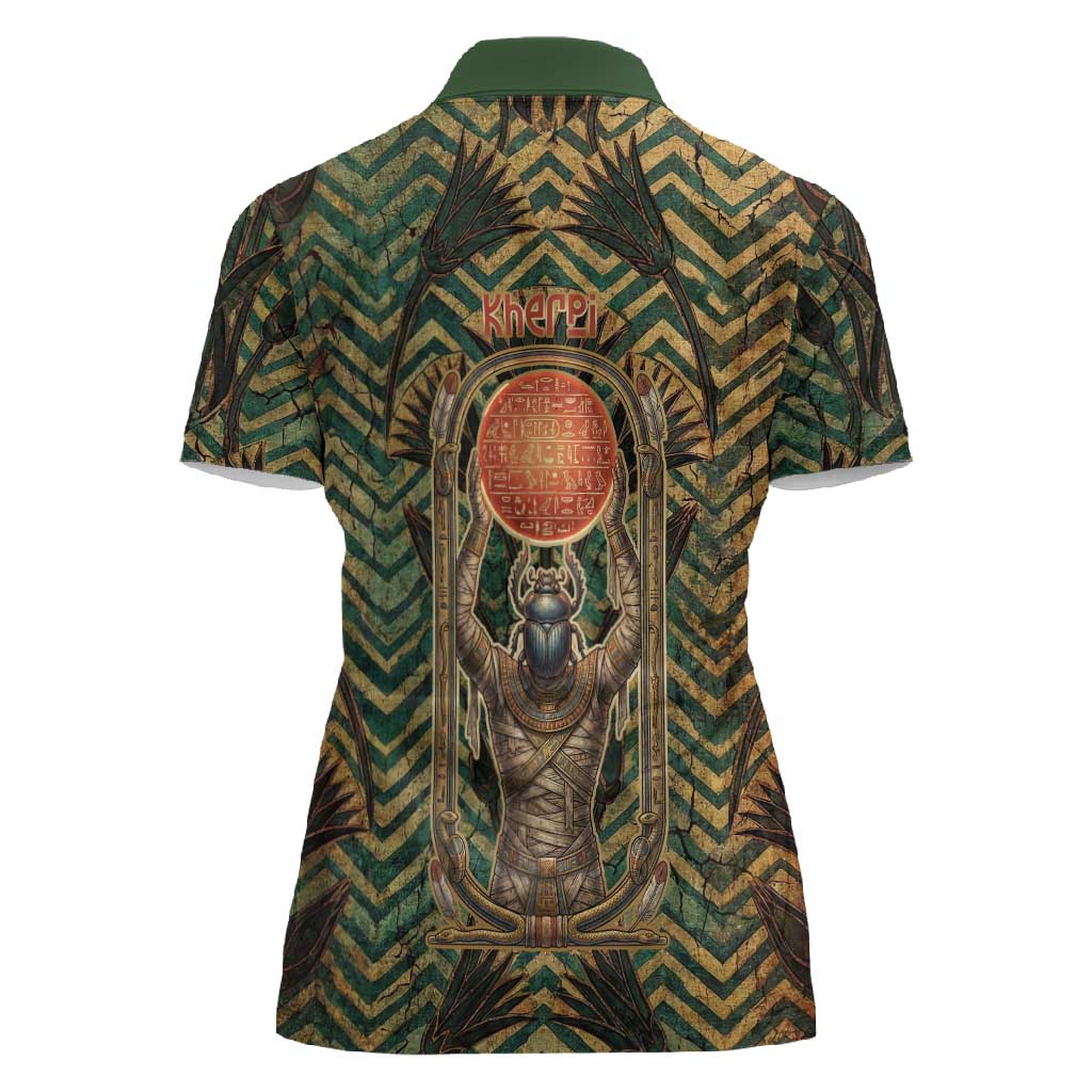 Khepri Women Polo Shirt Ancient Egyptian Chevron, Scarab Ankh and Winged Khepri Guardian Motif - African Pride