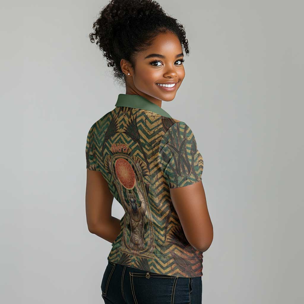 Khepri Women Polo Shirt Ancient Egyptian Chevron, Scarab Ankh and Winged Khepri Guardian Motif - African Pride