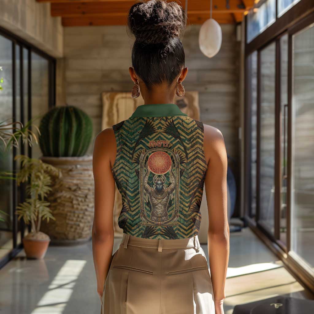 Khepri Women Sleeveless Polo Shirt Ancient Egyptian Chevron, Scarab Ankh and Winged Khepri Guardian Motif - African Pride