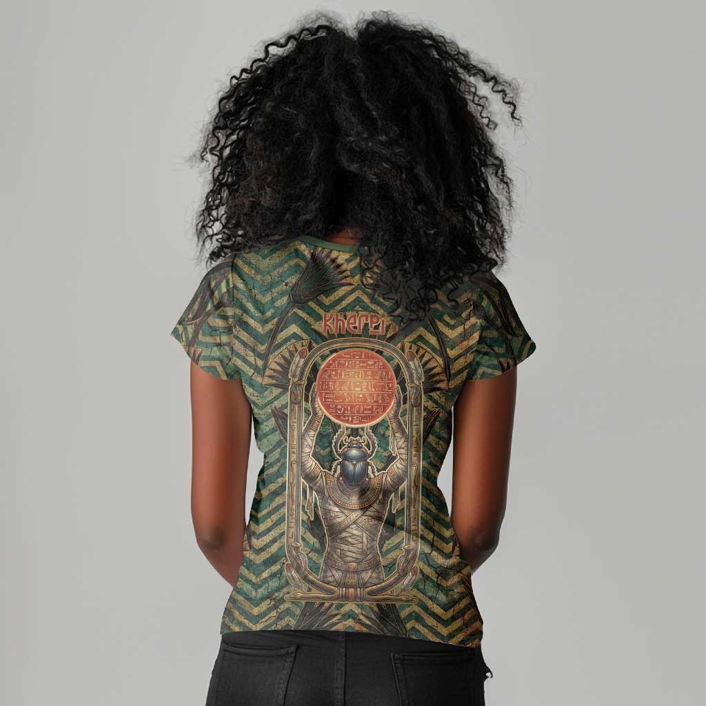 Khepri Women V-Neck T-Shirt Ancient Egyptian Chevron, Scarab Ankh and Winged Khepri Guardian Motif - African Pride