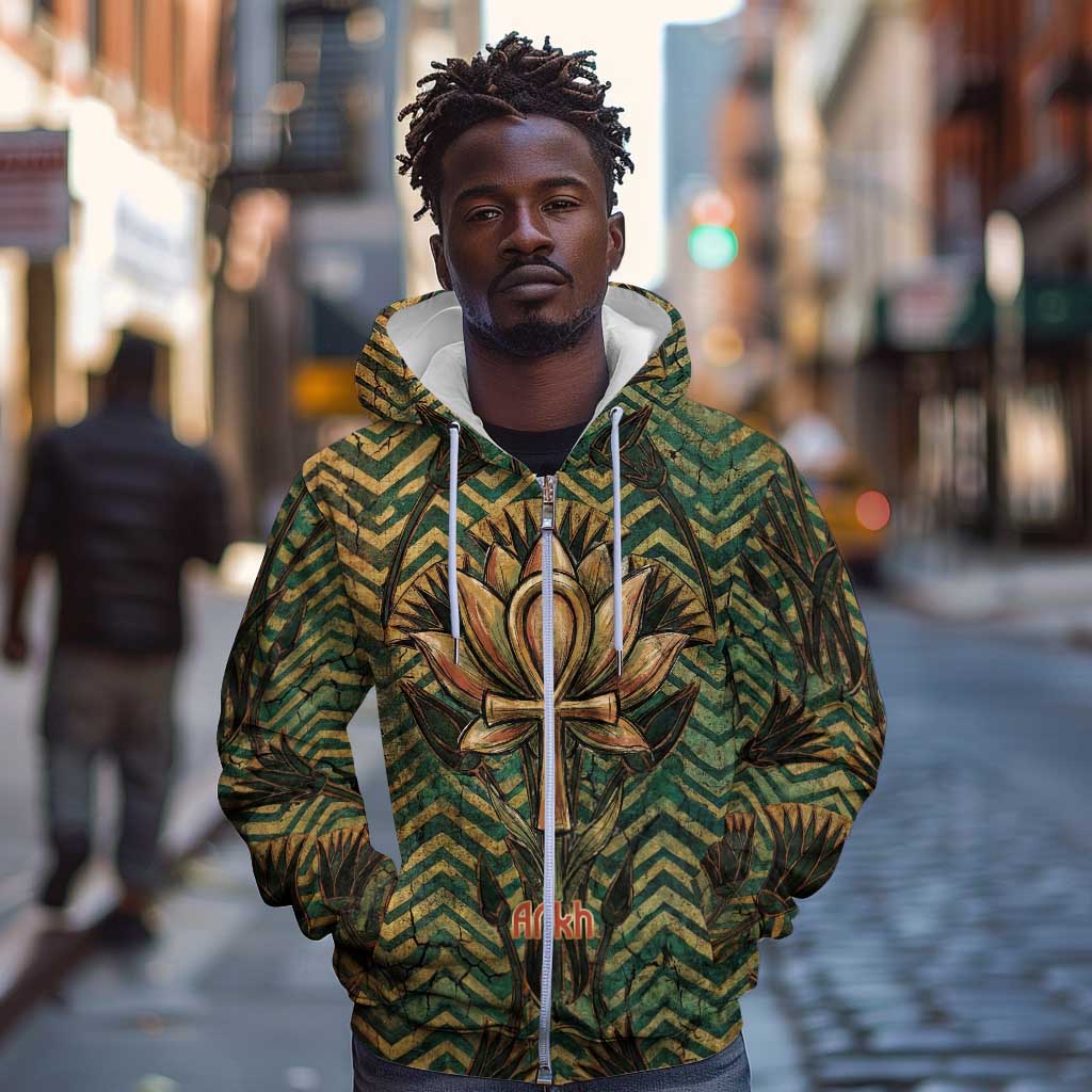 Khepri Zip Hoodie Ancient Egyptian Chevron, Scarab Ankh and Winged Khepri Guardian Motif - African Pride