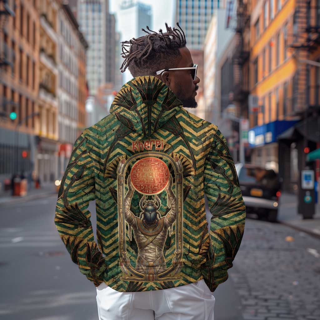 Khepri Zip Hoodie Ancient Egyptian Chevron, Scarab Ankh and Winged Khepri Guardian Motif - African Pride