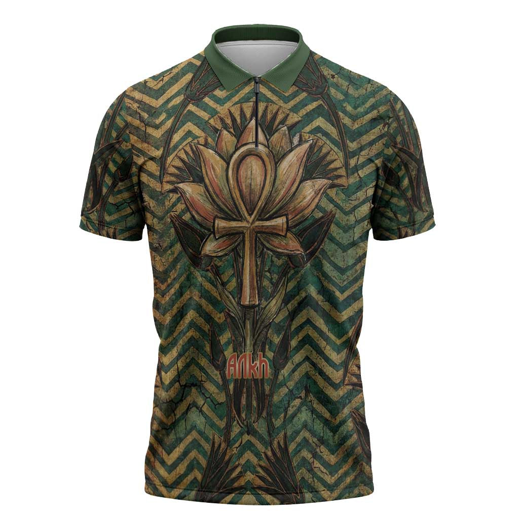 Khepri Zipper Polo Shirt Ancient Egyptian Chevron, Scarab Ankh and Winged Khepri Guardian Motif - African Pride