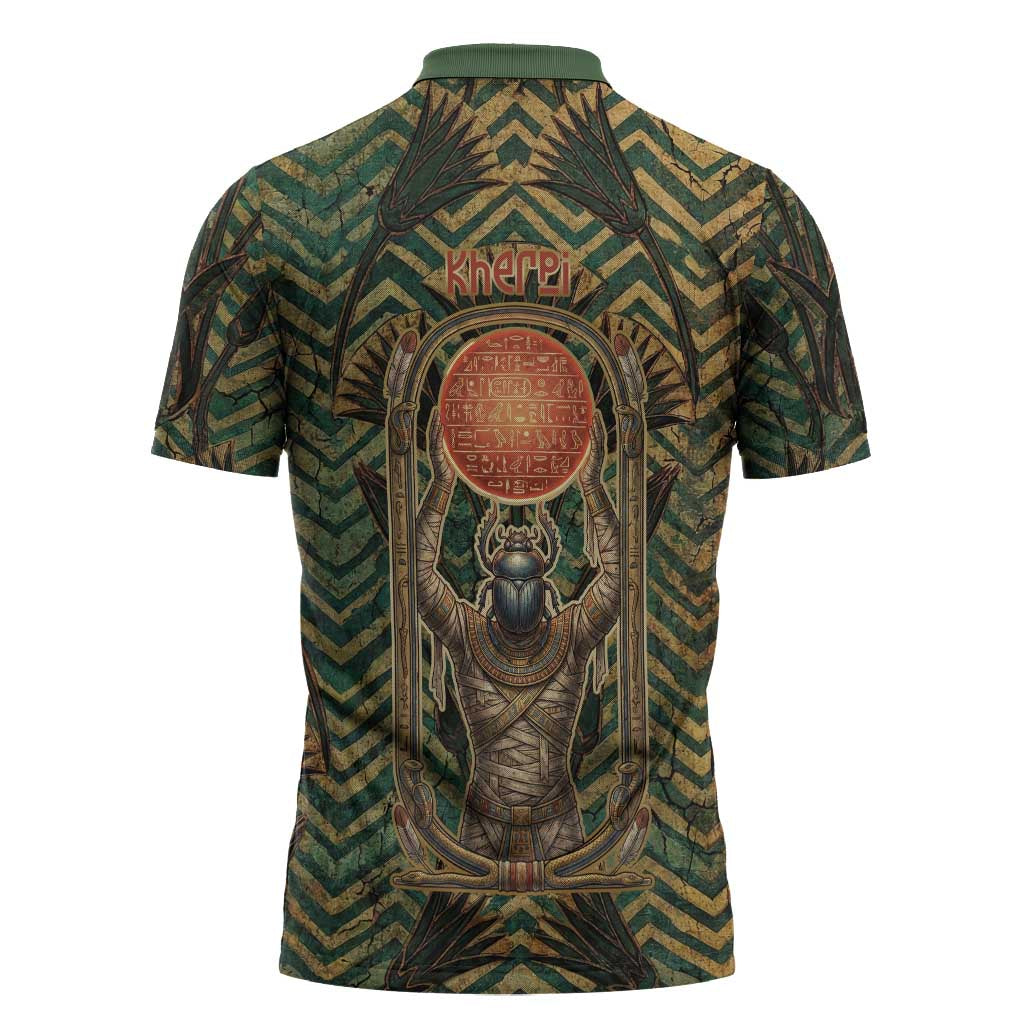 Khepri Zipper Polo Shirt Ancient Egyptian Chevron, Scarab Ankh and Winged Khepri Guardian Motif - African Pride