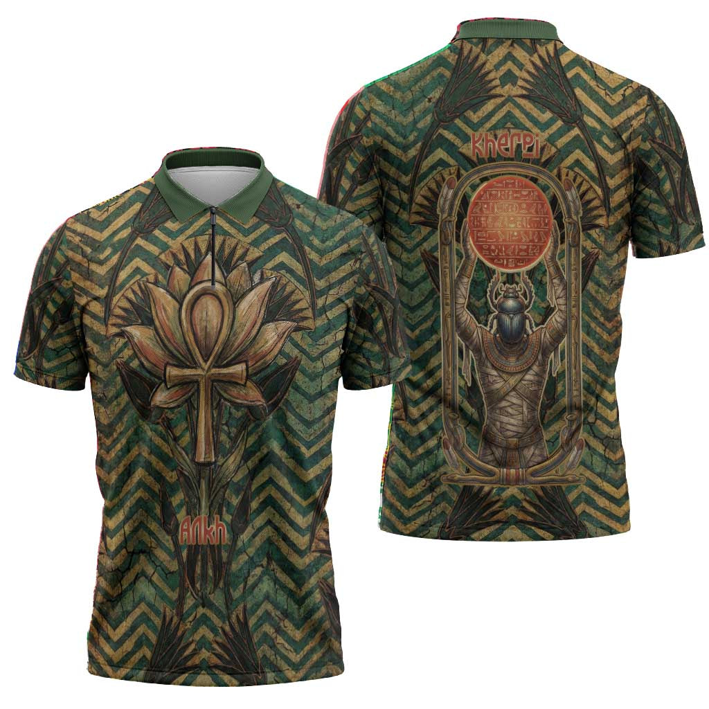 Khepri Zipper Polo Shirt Ancient Egyptian Chevron, Scarab Ankh and Winged Khepri Guardian Motif - African Pride