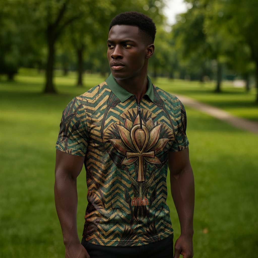 Khepri Zipper Polo Shirt Ancient Egyptian Chevron, Scarab Ankh and Winged Khepri Guardian Motif - African Pride