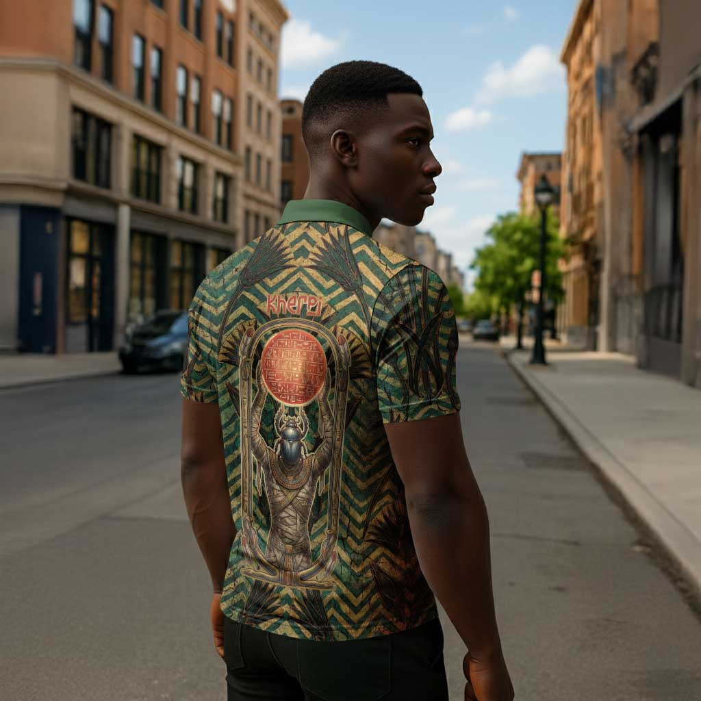 Khepri Zipper Polo Shirt Ancient Egyptian Chevron, Scarab Ankh and Winged Khepri Guardian Motif - African Pride