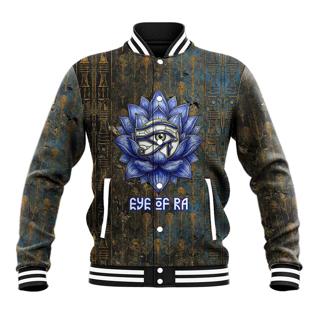 Khepri Ancient Egyptian Baseball Jacket Dark Hieroglyphic, Blue Lotus Eye Symbol, and Winged Scarab Resurrection - African Pride