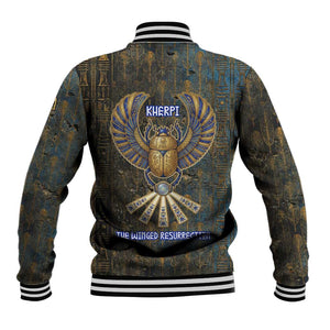 Khepri Ancient Egyptian Baseball Jacket Dark Hieroglyphic, Blue Lotus Eye Symbol, and Winged Scarab Resurrection - African Pride