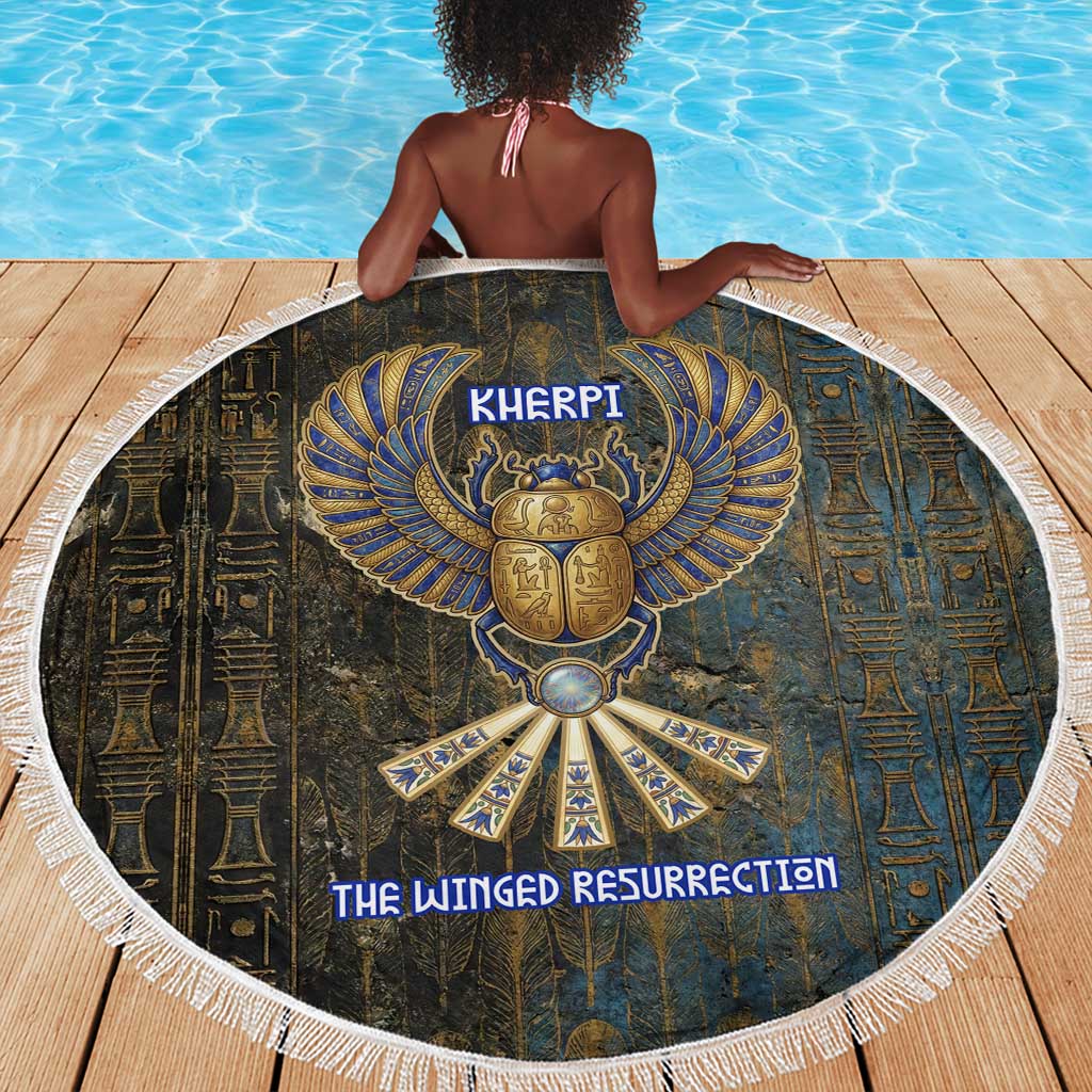 Khepri Ancient Egyptian Beach Blanket Dark Hieroglyphic, Blue Lotus Eye Symbol, and Winged Scarab Resurrection - African Pride