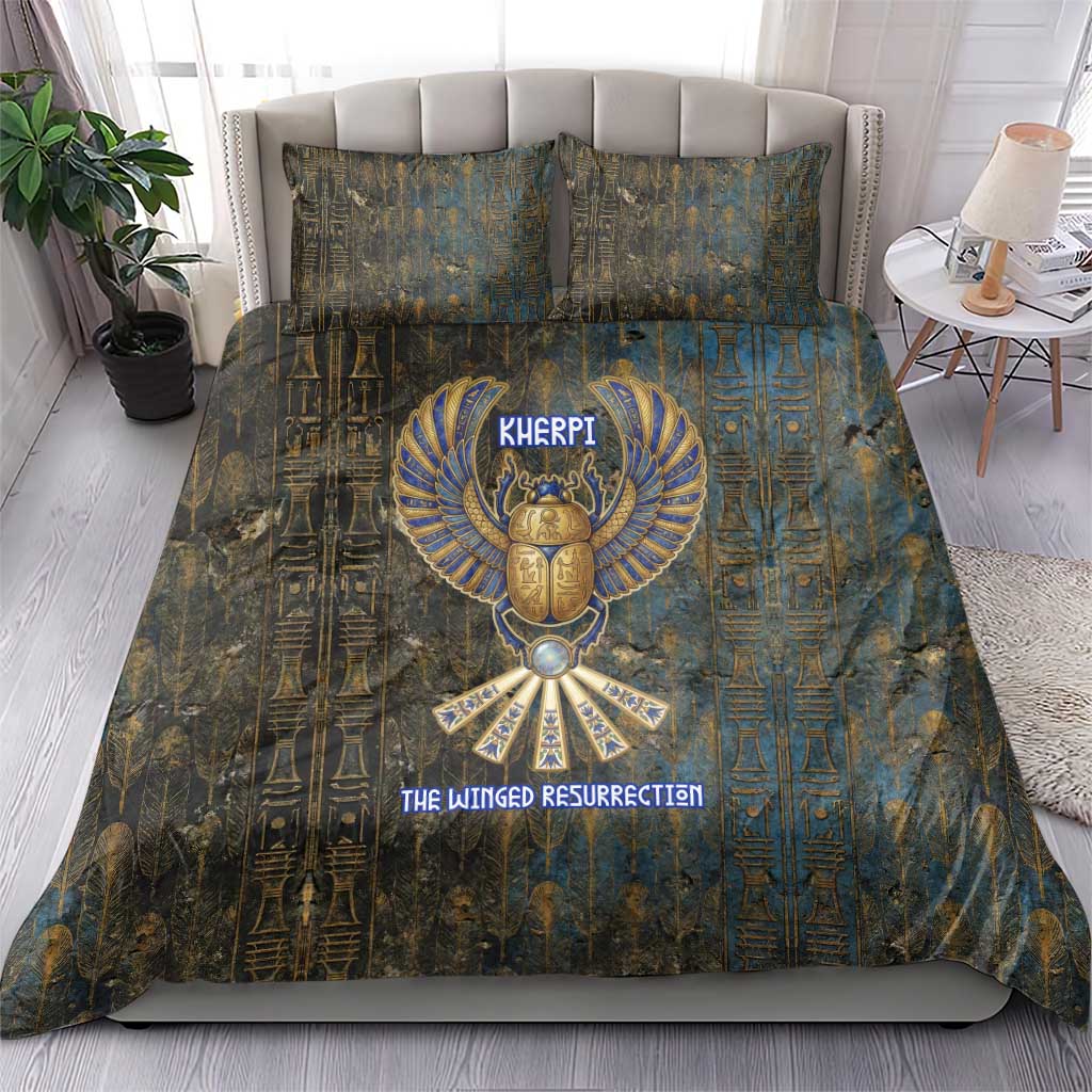 Khepri Ancient Egyptian Bedding Set Dark Hieroglyphic, Blue Lotus Eye Symbol, and Winged Scarab Resurrection - African Pride