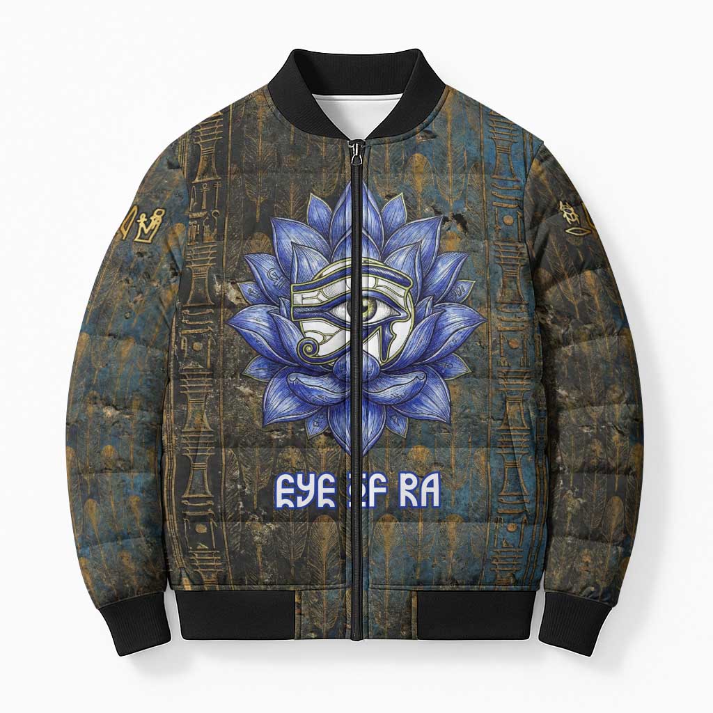 Khepri Ancient Egyptian Bomber Puffer Jacket Dark Hieroglyphic, Blue Lotus Eye Symbol, and Winged Scarab Resurrection - African Pride