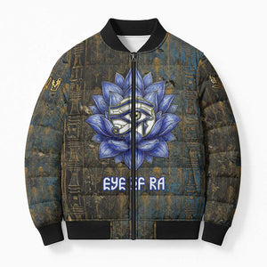 Khepri Ancient Egyptian Bomber Puffer Jacket Dark Hieroglyphic, Blue Lotus Eye Symbol, and Winged Scarab Resurrection - African Pride