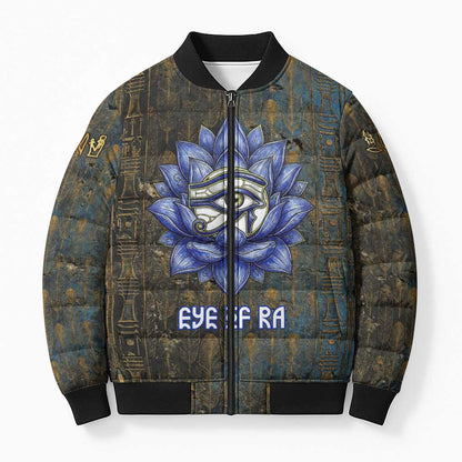 Khepri Ancient Egyptian Bomber Puffer Jacket Dark Hieroglyphic, Blue Lotus Eye Symbol, and Winged Scarab Resurrection - African Pride