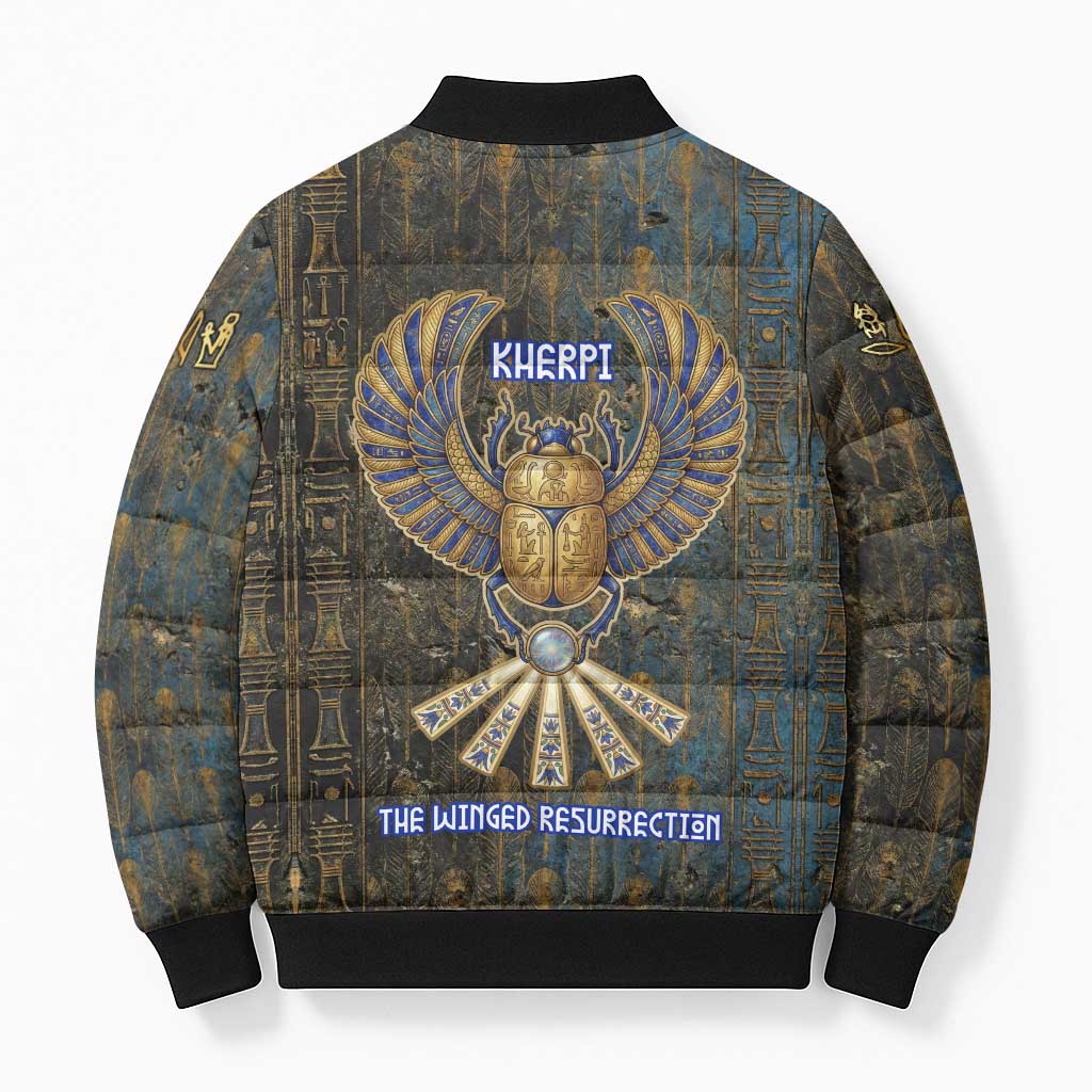 Khepri Ancient Egyptian Bomber Puffer Jacket Dark Hieroglyphic, Blue Lotus Eye Symbol, and Winged Scarab Resurrection - African Pride