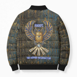 Khepri Ancient Egyptian Bomber Puffer Jacket Dark Hieroglyphic, Blue Lotus Eye Symbol, and Winged Scarab Resurrection - African Pride