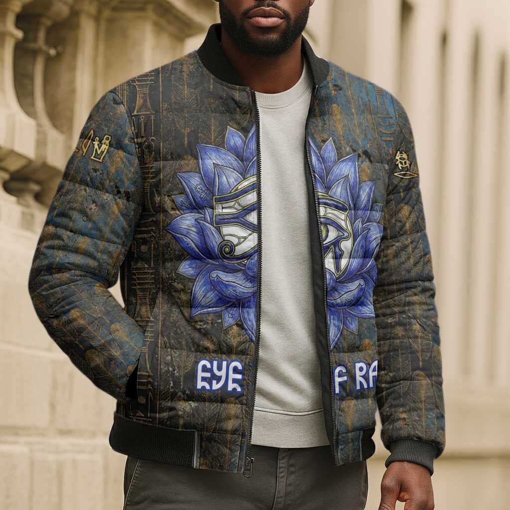 Khepri Ancient Egyptian Bomber Puffer Jacket Dark Hieroglyphic, Blue Lotus Eye Symbol, and Winged Scarab Resurrection - African Pride