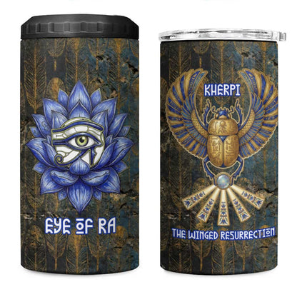 Khepri Ancient Egyptian 4 in 1 Can Cooler Tumbler Dark Hieroglyphic, Blue Lotus Eye Symbol, and Winged Scarab Resurrection - African Pride