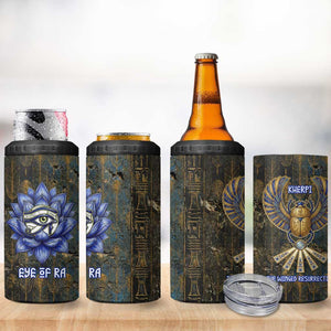 Khepri Ancient Egyptian 4 in 1 Can Cooler Tumbler Dark Hieroglyphic, Blue Lotus Eye Symbol, and Winged Scarab Resurrection - African Pride