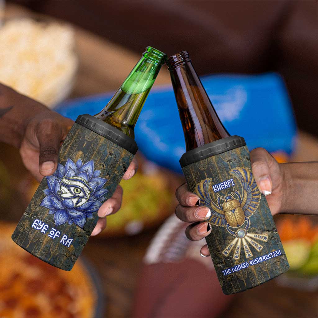 Khepri Ancient Egyptian 4 in 1 Can Cooler Tumbler Dark Hieroglyphic, Blue Lotus Eye Symbol, and Winged Scarab Resurrection - African Pride