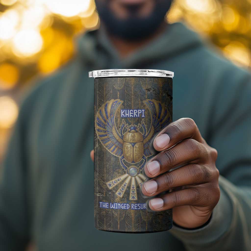 Khepri Ancient Egyptian 4 in 1 Can Cooler Tumbler Dark Hieroglyphic, Blue Lotus Eye Symbol, and Winged Scarab Resurrection - African Pride