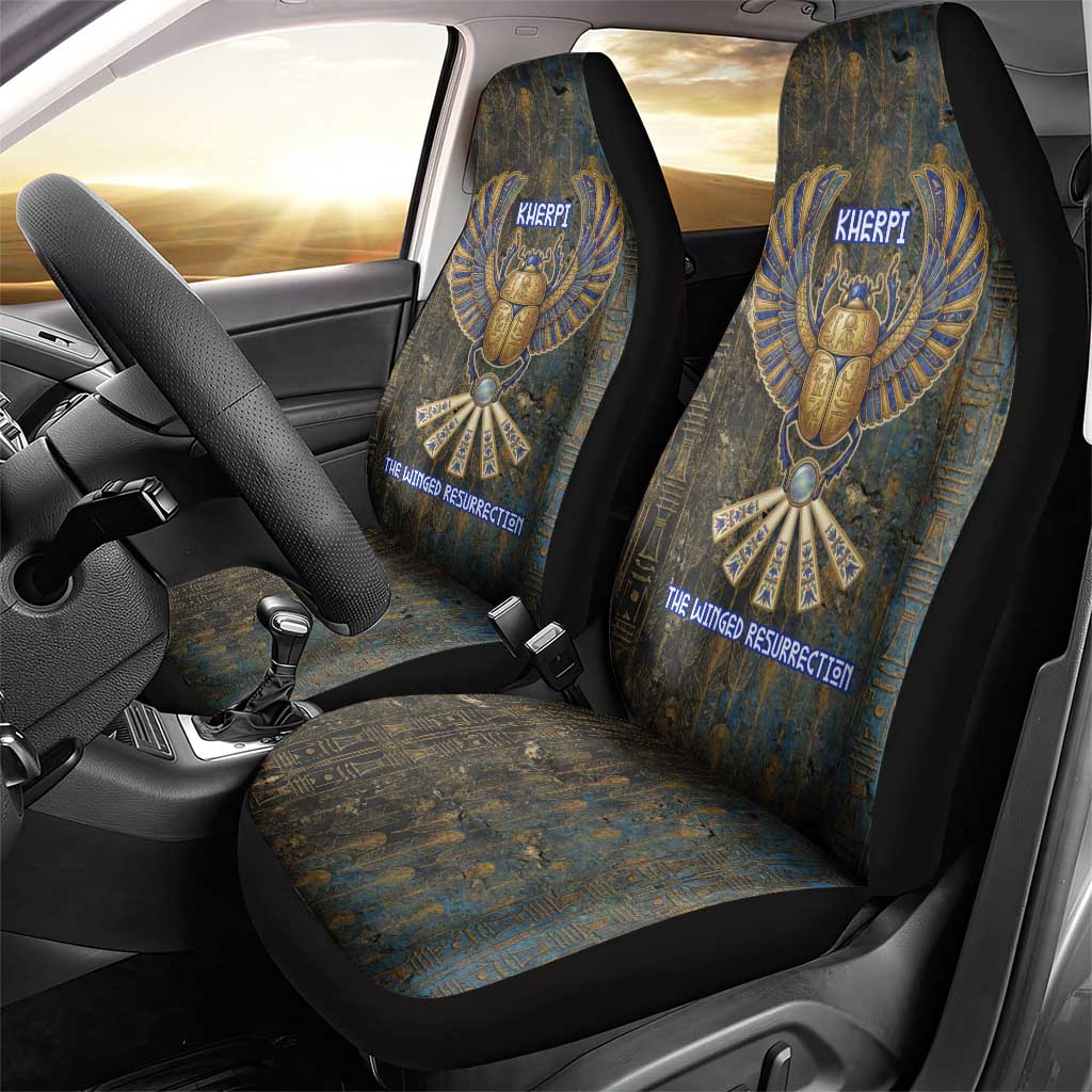 Khepri Ancient Egyptian Car Seat Cover Dark Hieroglyphic, Blue Lotus Eye Symbol, and Winged Scarab Resurrection - African Pride