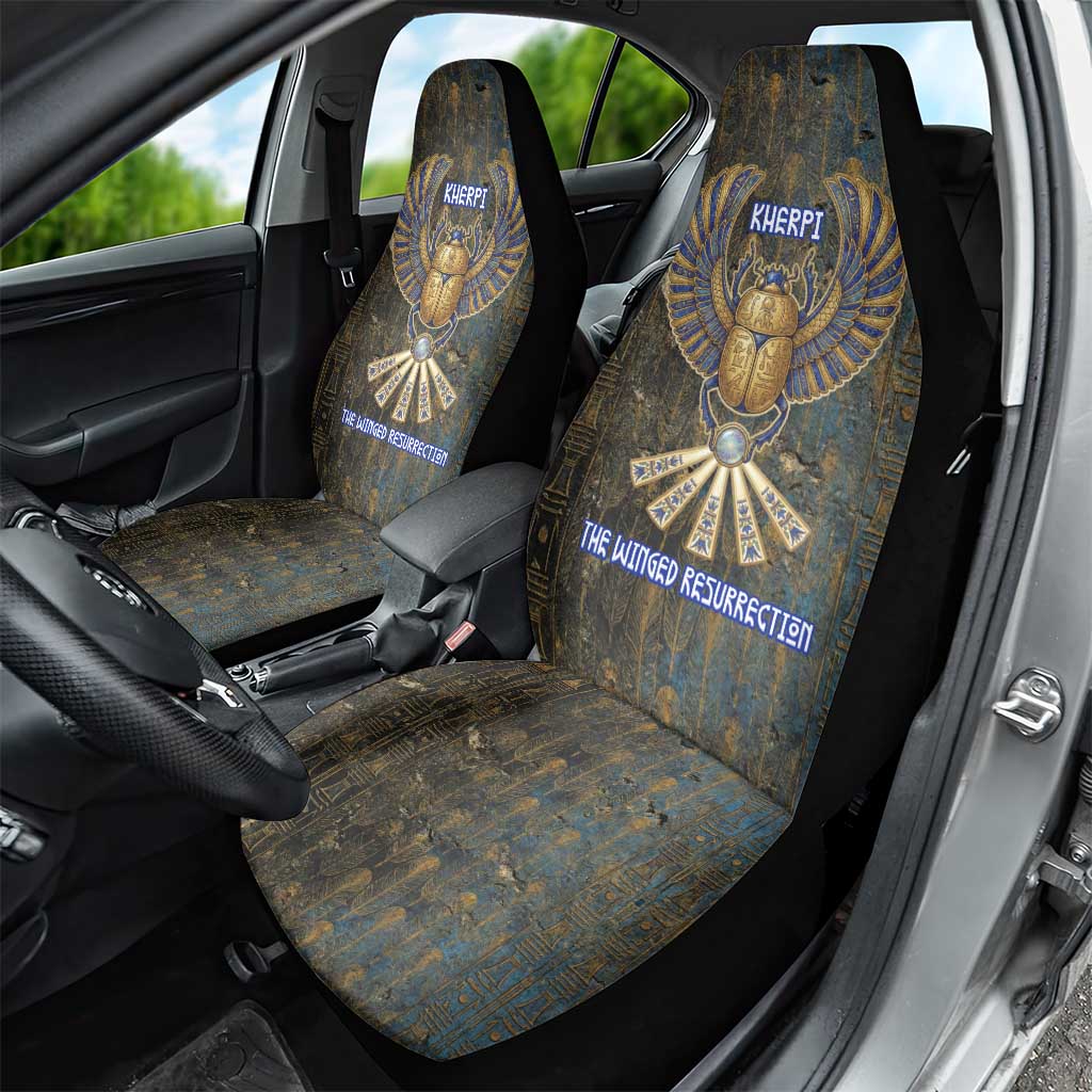 Khepri Ancient Egyptian Car Seat Cover Dark Hieroglyphic, Blue Lotus Eye Symbol, and Winged Scarab Resurrection - African Pride
