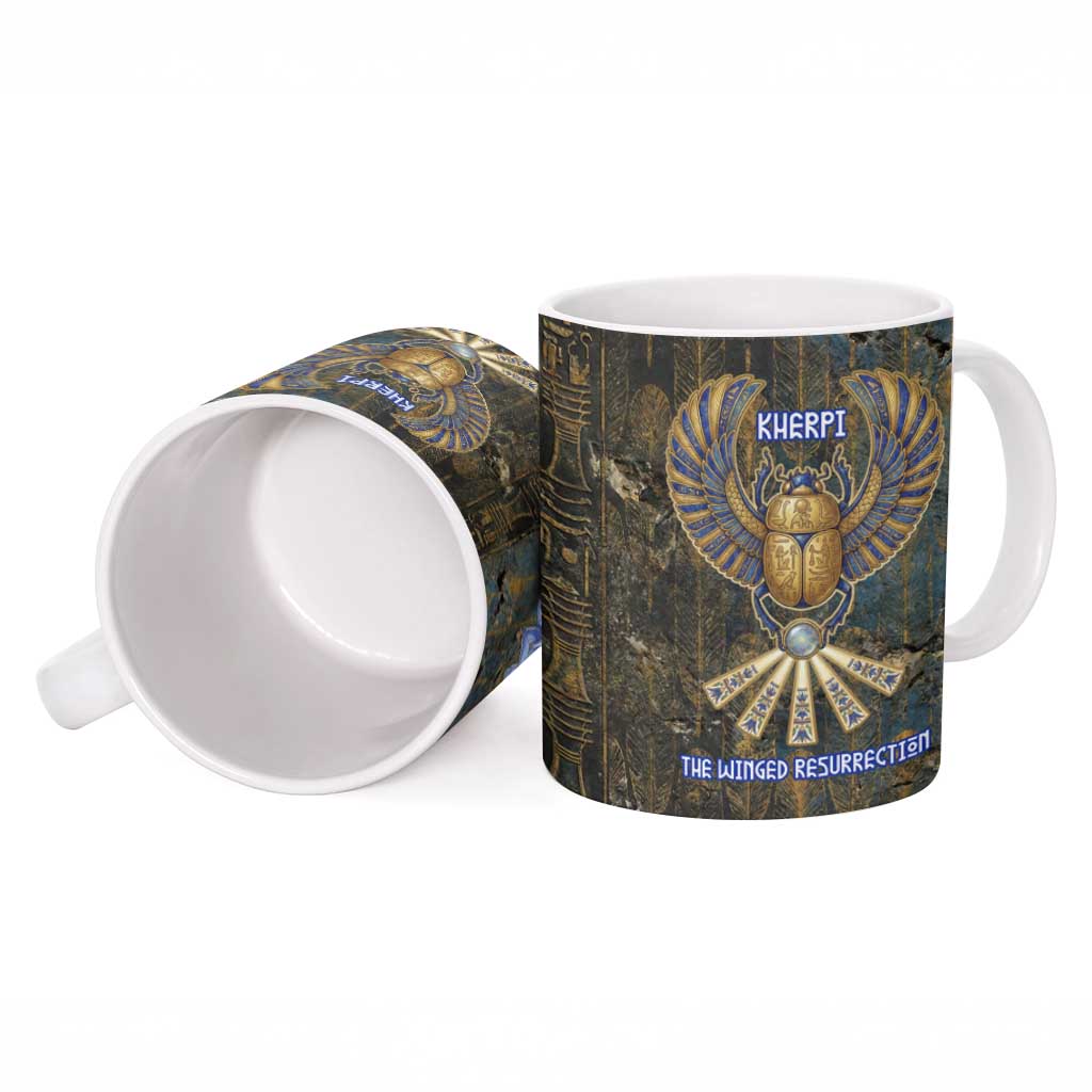 Khepri Ancient Egyptian Ceramic Mug Dark Hieroglyphic, Blue Lotus Eye Symbol, and Winged Scarab Resurrection - African Pride