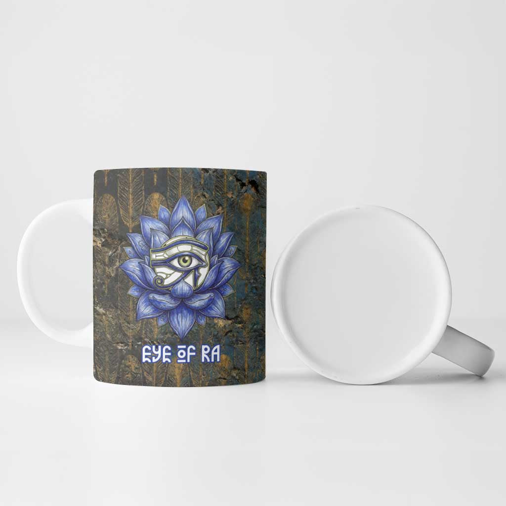 Khepri Ancient Egyptian Ceramic Mug Dark Hieroglyphic, Blue Lotus Eye Symbol, and Winged Scarab Resurrection - African Pride