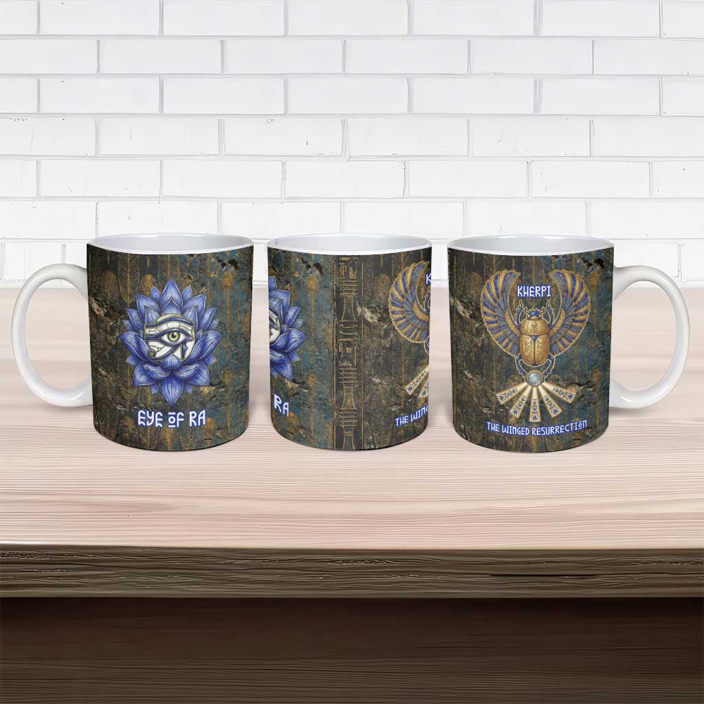 Khepri Ancient Egyptian Ceramic Mug Dark Hieroglyphic, Blue Lotus Eye Symbol, and Winged Scarab Resurrection - African Pride