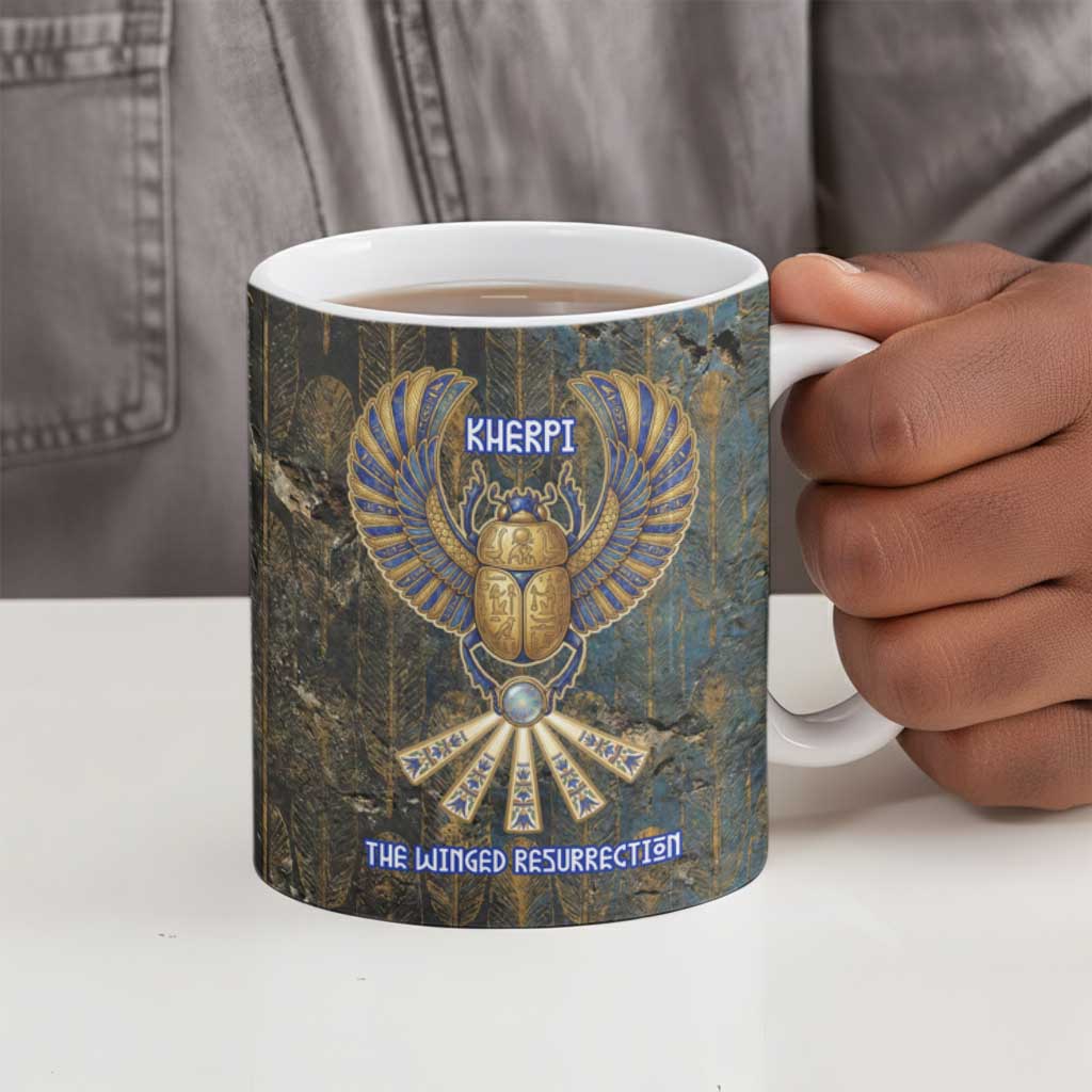 Khepri Ancient Egyptian Ceramic Mug Dark Hieroglyphic, Blue Lotus Eye Symbol, and Winged Scarab Resurrection - African Pride