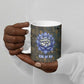 Khepri Ancient Egyptian Ceramic Mug Dark Hieroglyphic, Blue Lotus Eye Symbol, and Winged Scarab Resurrection - African Pride