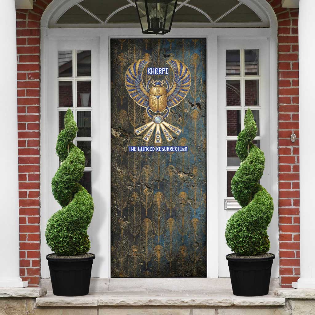 Khepri Ancient Egyptian Door Cover Dark Hieroglyphic, Blue Lotus Eye Symbol, and Winged Scarab Resurrection - African Pride