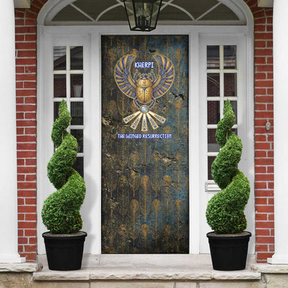 Khepri Ancient Egyptian Door Cover Dark Hieroglyphic, Blue Lotus Eye Symbol, and Winged Scarab Resurrection - African Pride