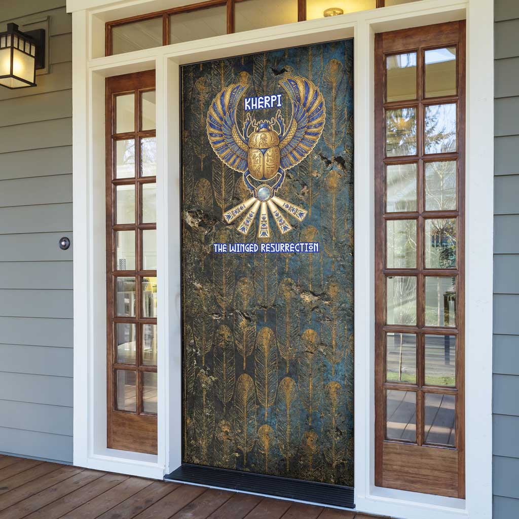 Khepri Ancient Egyptian Door Cover Dark Hieroglyphic, Blue Lotus Eye Symbol, and Winged Scarab Resurrection - African Pride
